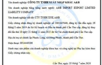 Công ty TNHH Xuất nhập khẩu A&B chính thức trở thành doanh nghiệp khoa học và công nghệ