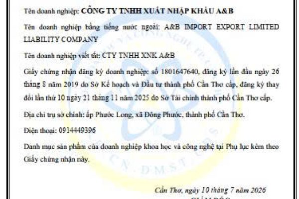 Công ty TNHH Xuất nhập khẩu A&B chính thức trở thành doanh nghiệp khoa học và công nghệ